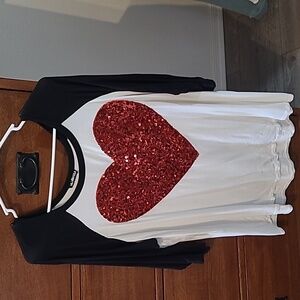 HEIMISH USA Black & White Raglan Top with Red Sequin Heart